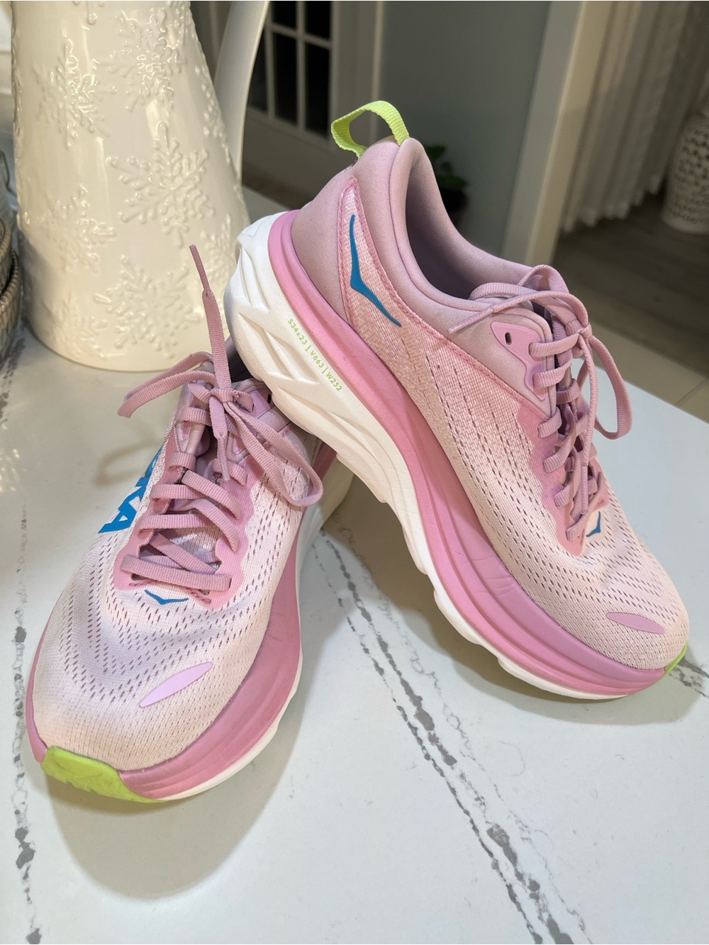 Hoka Bondi 8 Women's Pink and Neon Lime Running Shoes with Blue Logo size 8.5 - Picture 3 of 15